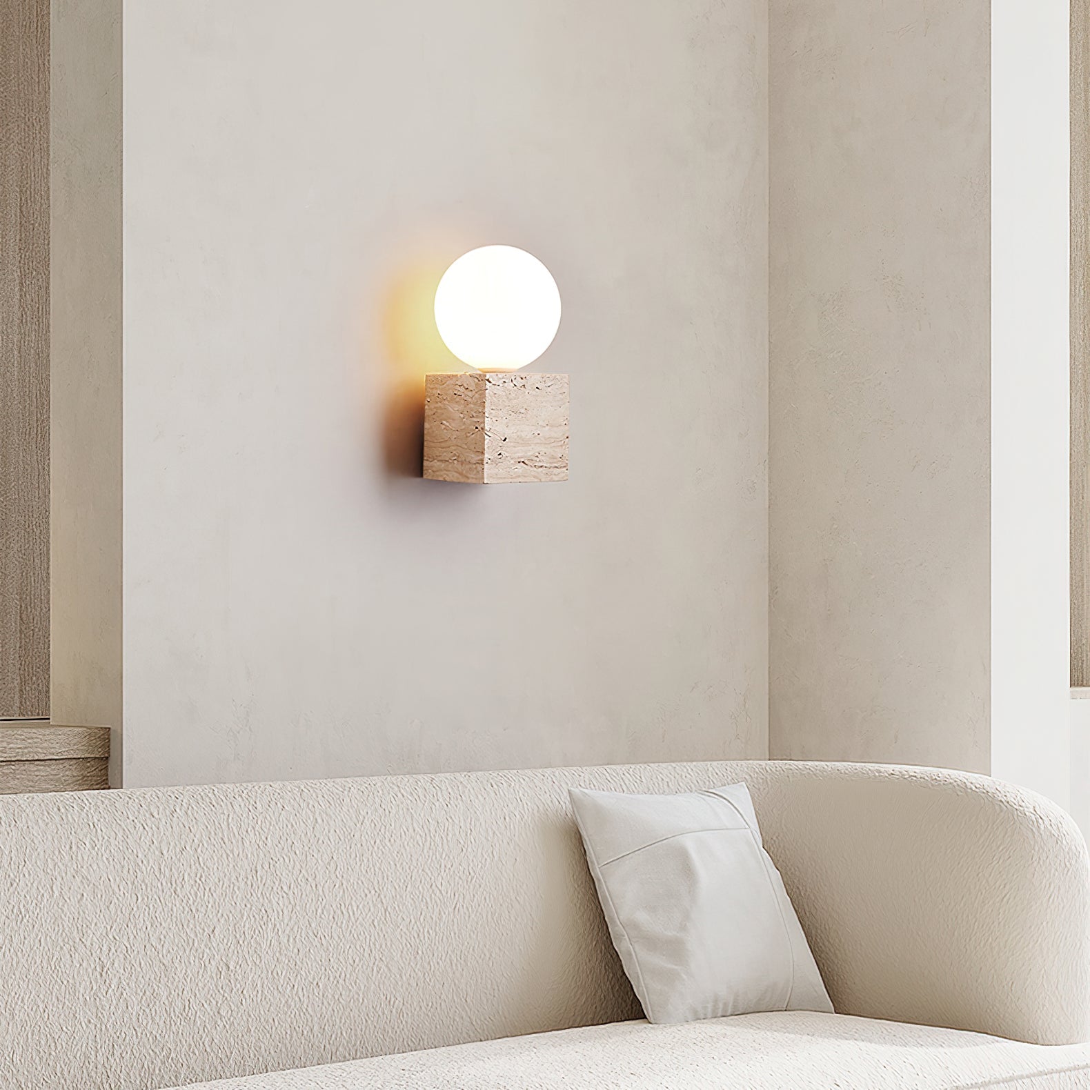 Minimalist Natural Yellow Travertine Stone Cube Wall Sconce Modern Indoor Geometric Lighting Fixture