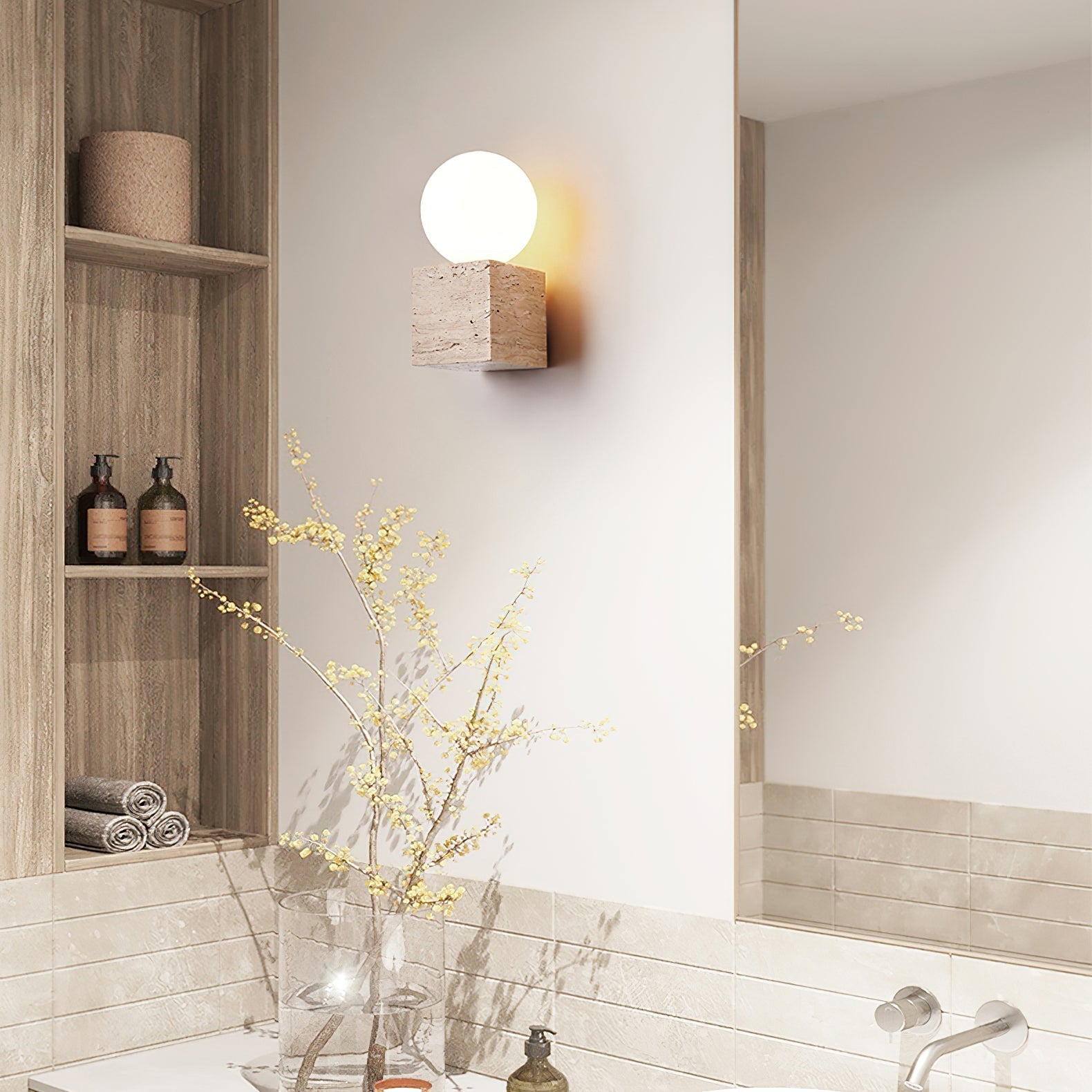 Minimalist Natural Yellow Travertine Stone Cube Wall Sconce Modern Indoor Geometric Lighting Fixture
