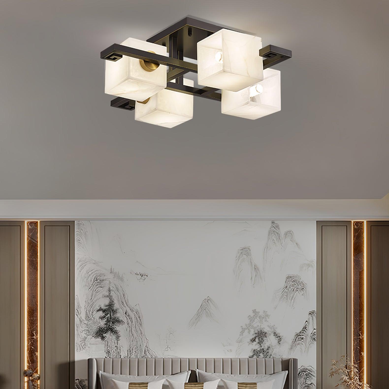 Cubist Alabaster Cluster Flush Mount Ceiling Light Modern Geometric Stone Lamp