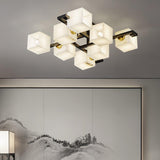 Cubist Alabaster Cluster Flush Mount Ceiling Light Modern Geometric Stone Lamp