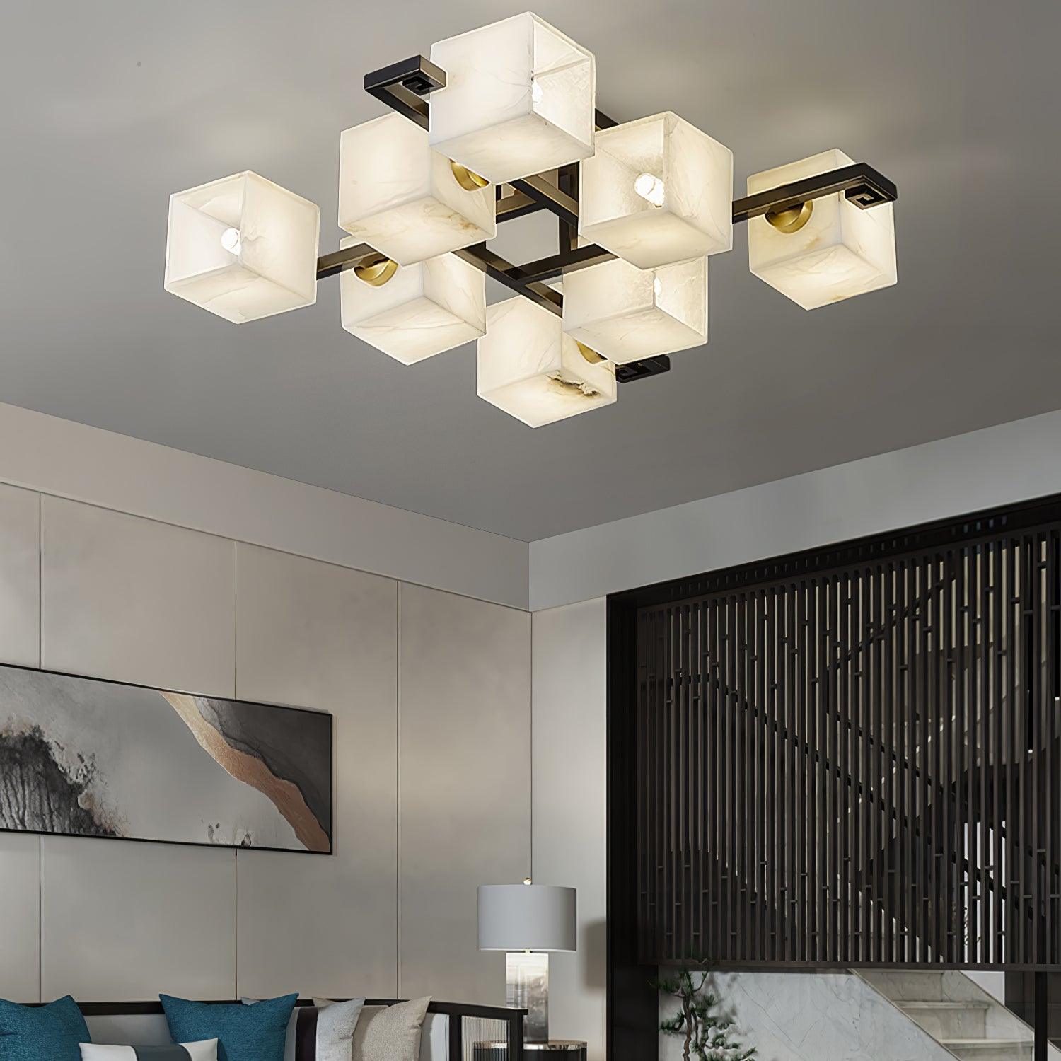 Cubist Alabaster Cluster Flush Mount Ceiling Light Modern Geometric Stone Lamp
