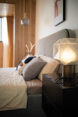Cubo Artisanal Blown Glass Table Lamp with Smoky Finish and Metal Base