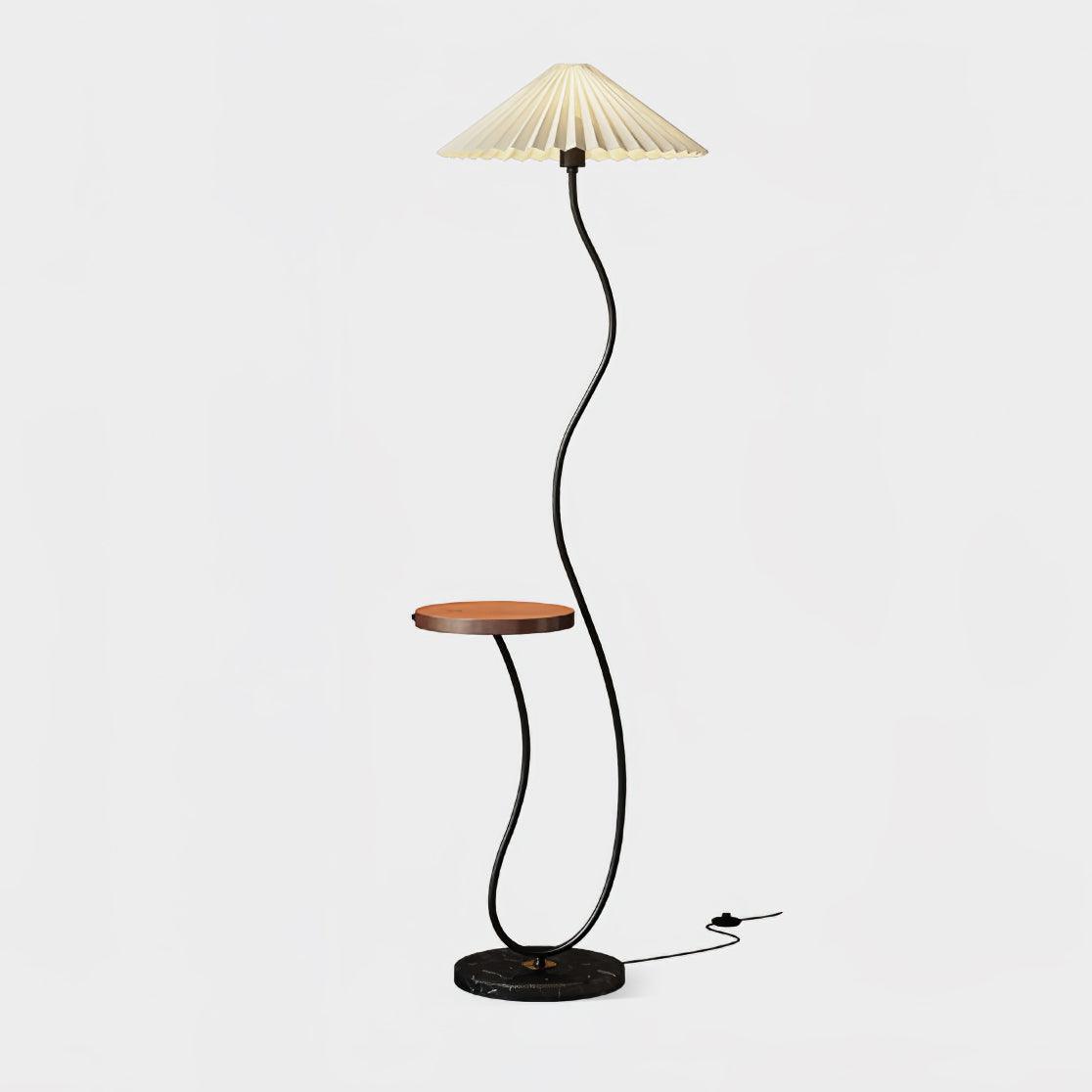 Curvatura Mid Century Modern Floor Lamp with Integrated Wood Side Table and Marble Base