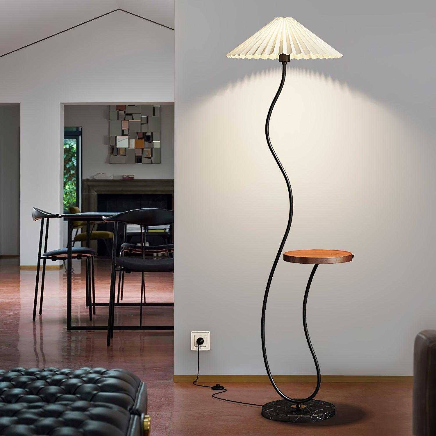 Curvatura Mid Century Modern Floor Lamp with Integrated Wood Side Table and Marble Base