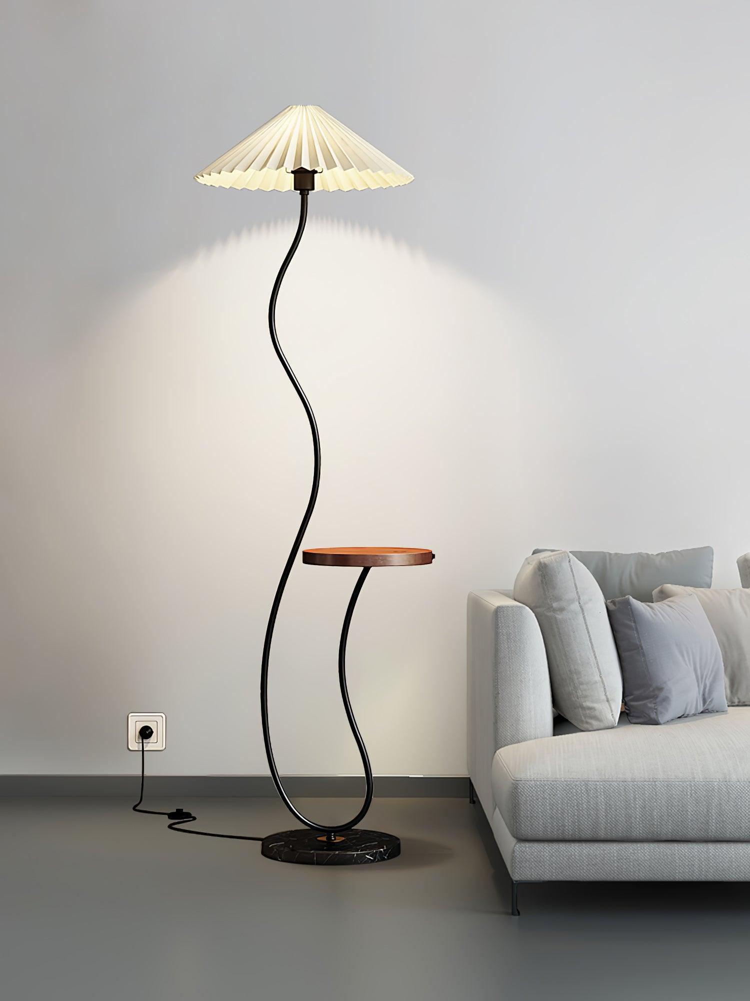 Curvatura Mid Century Modern Floor Lamp with Integrated Wood Side Table and Marble Base
