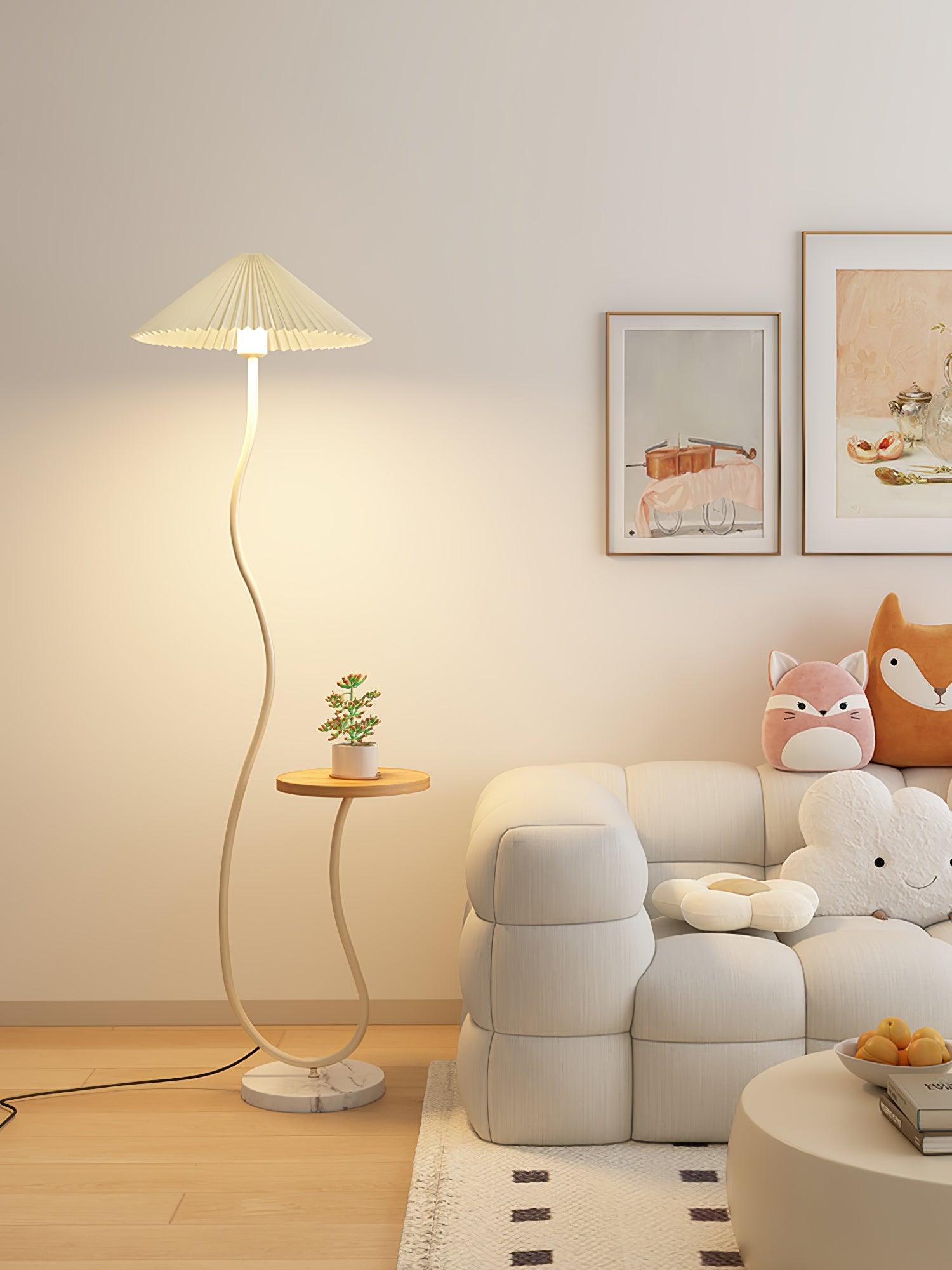Curvatura Mid Century Modern Floor Lamp with Integrated Wood Side Table and Marble Base