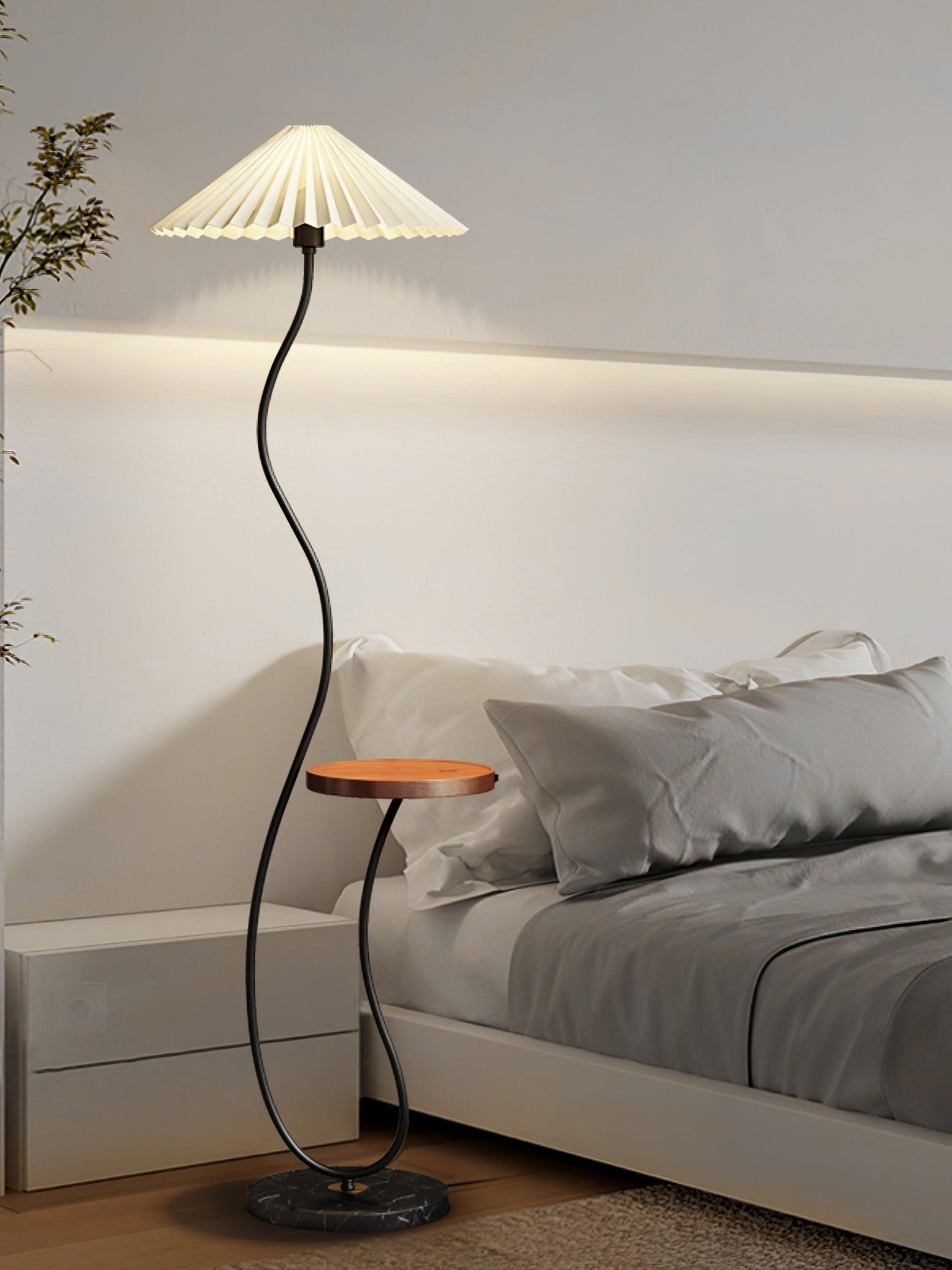Curvatura Mid Century Modern Floor Lamp with Integrated Wood Side Table and Marble Base