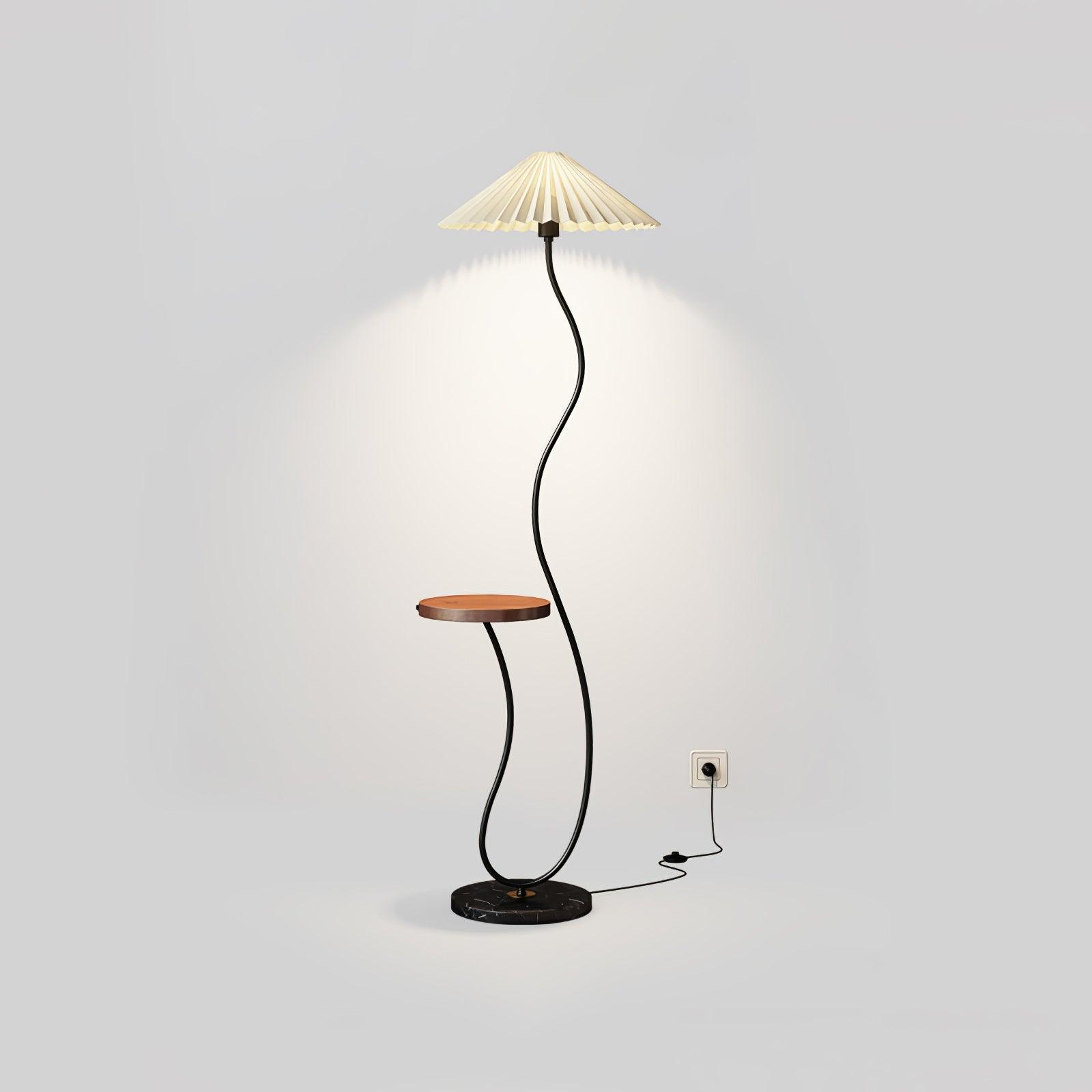 Curvatura Mid Century Modern Floor Lamp with Integrated Wood Side Table and Marble Base