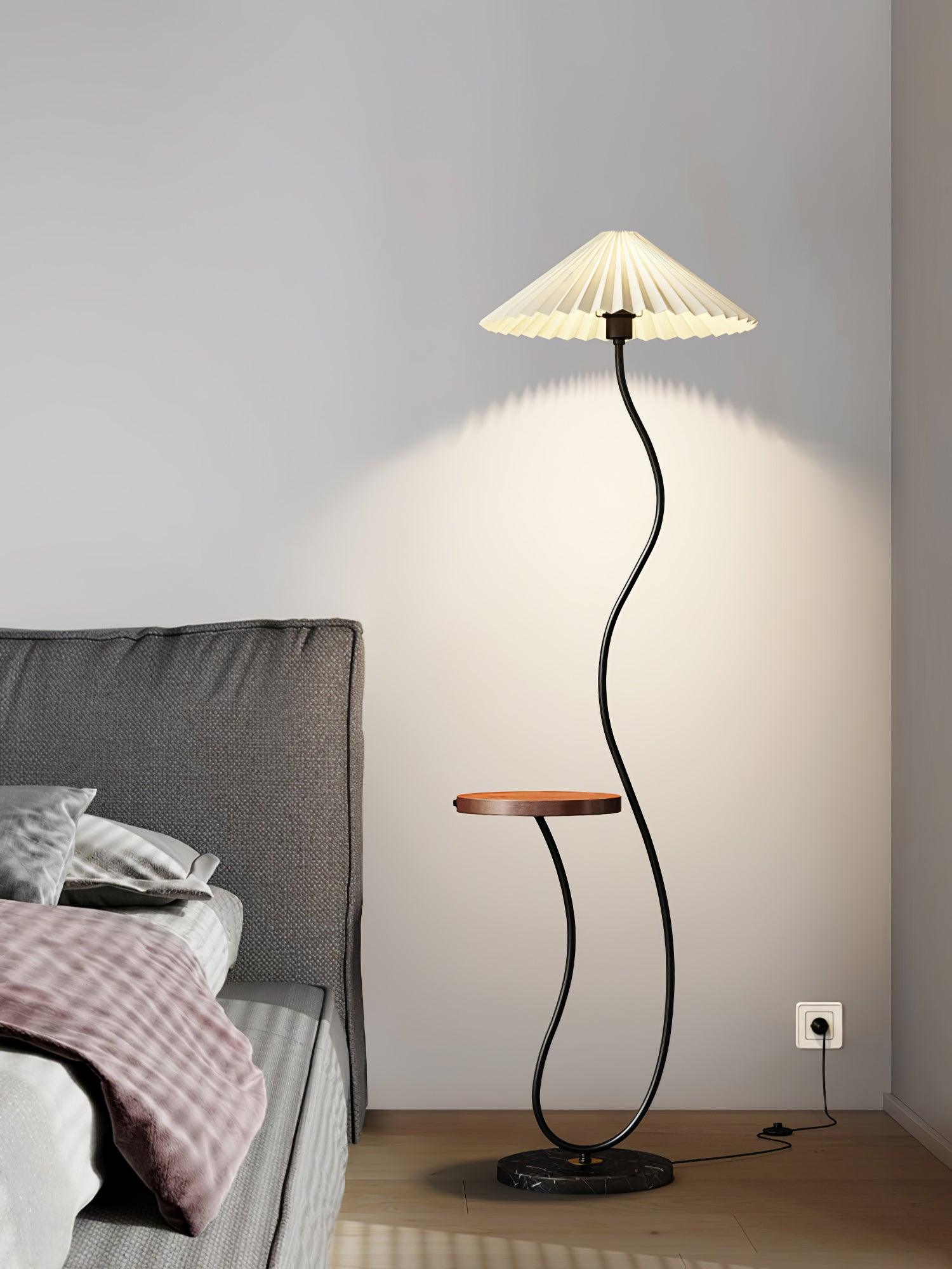 Curvatura Mid Century Modern Floor Lamp with Integrated Wood Side Table and Marble Base