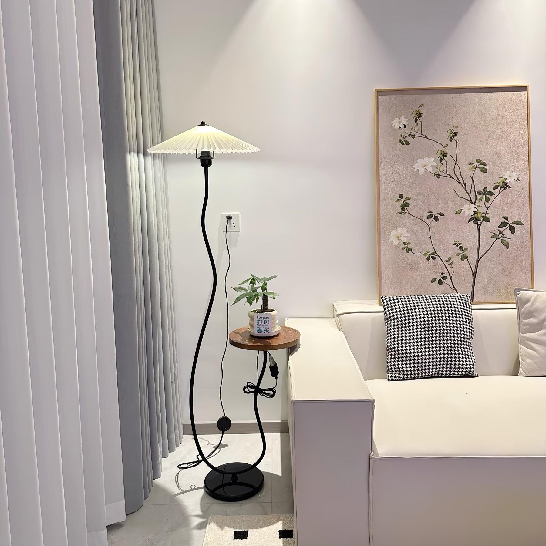 Curvatura Mid Century Modern Floor Lamp with Integrated Wood Side Table and Marble Base