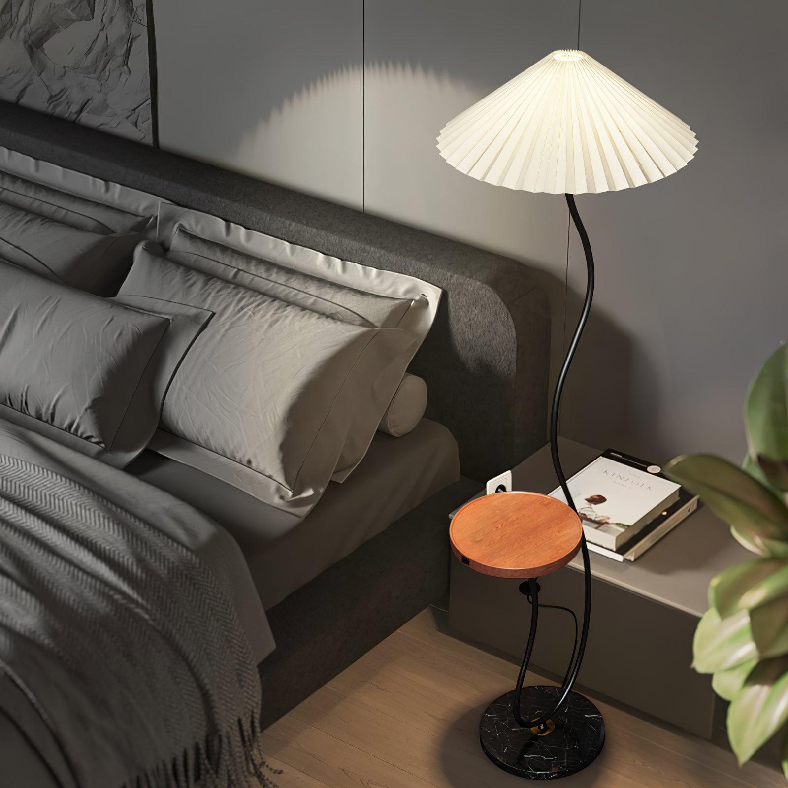 Curvatura Mid Century Modern Floor Lamp with Integrated Wood Side Table and Marble Base