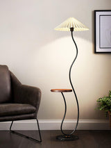 Curvatura Mid Century Modern Floor Lamp with Integrated Wood Side Table and Marble Base