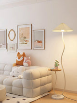 Curvatura Mid Century Modern Floor Lamp with Integrated Wood Side Table and Marble Base