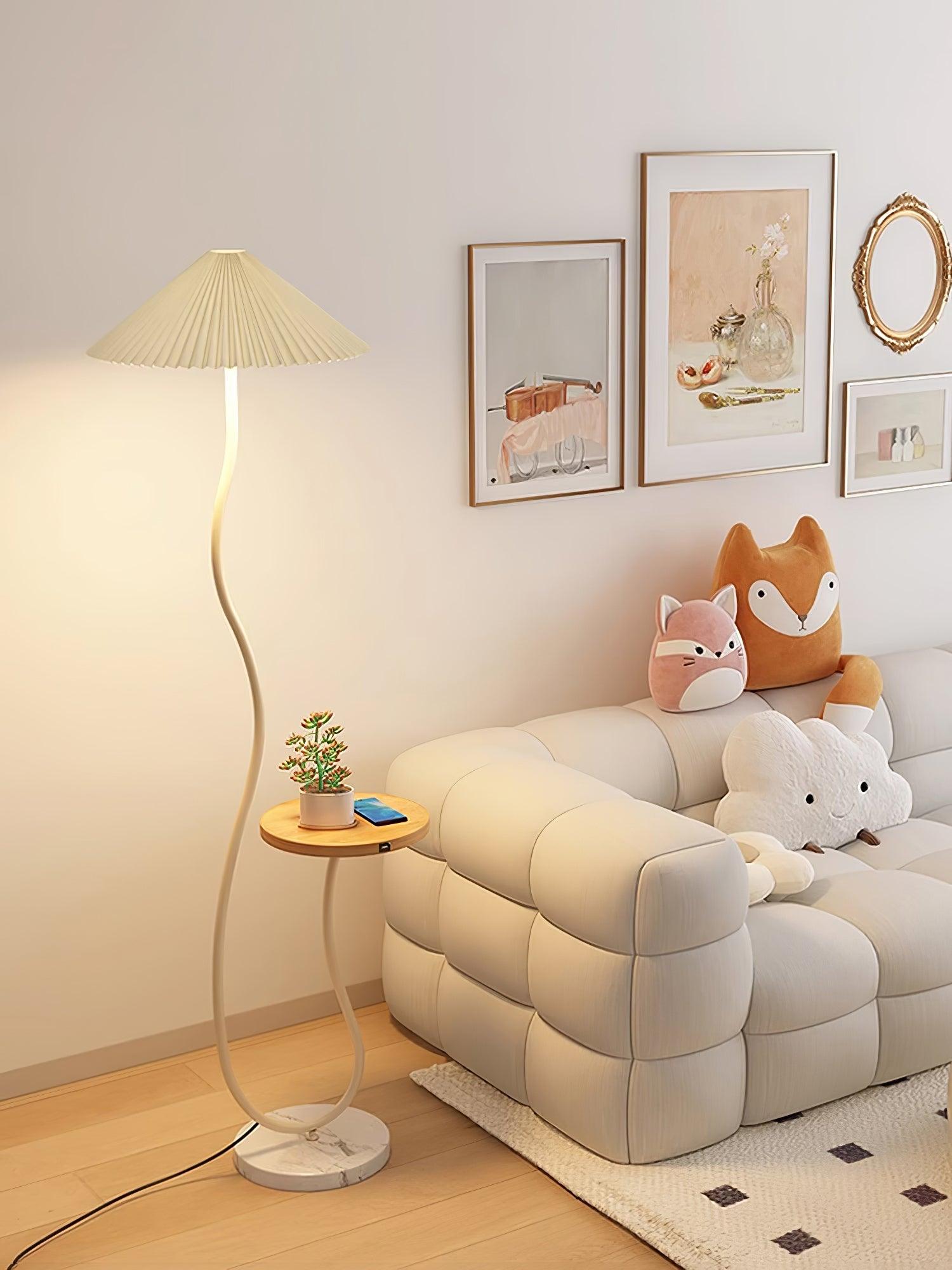 Curvatura Mid Century Modern Floor Lamp with Integrated Wood Side Table and Marble Base