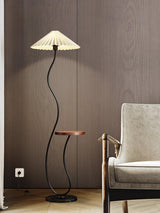Curvatura Mid Century Modern Floor Lamp with Integrated Wood Side Table and Marble Base
