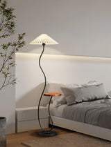 Curvatura Mid Century Modern Floor Lamp with Integrated Wood Side Table and Marble Base