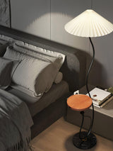 Curvatura Mid Century Modern Floor Lamp with Integrated Wood Side Table and Marble Base