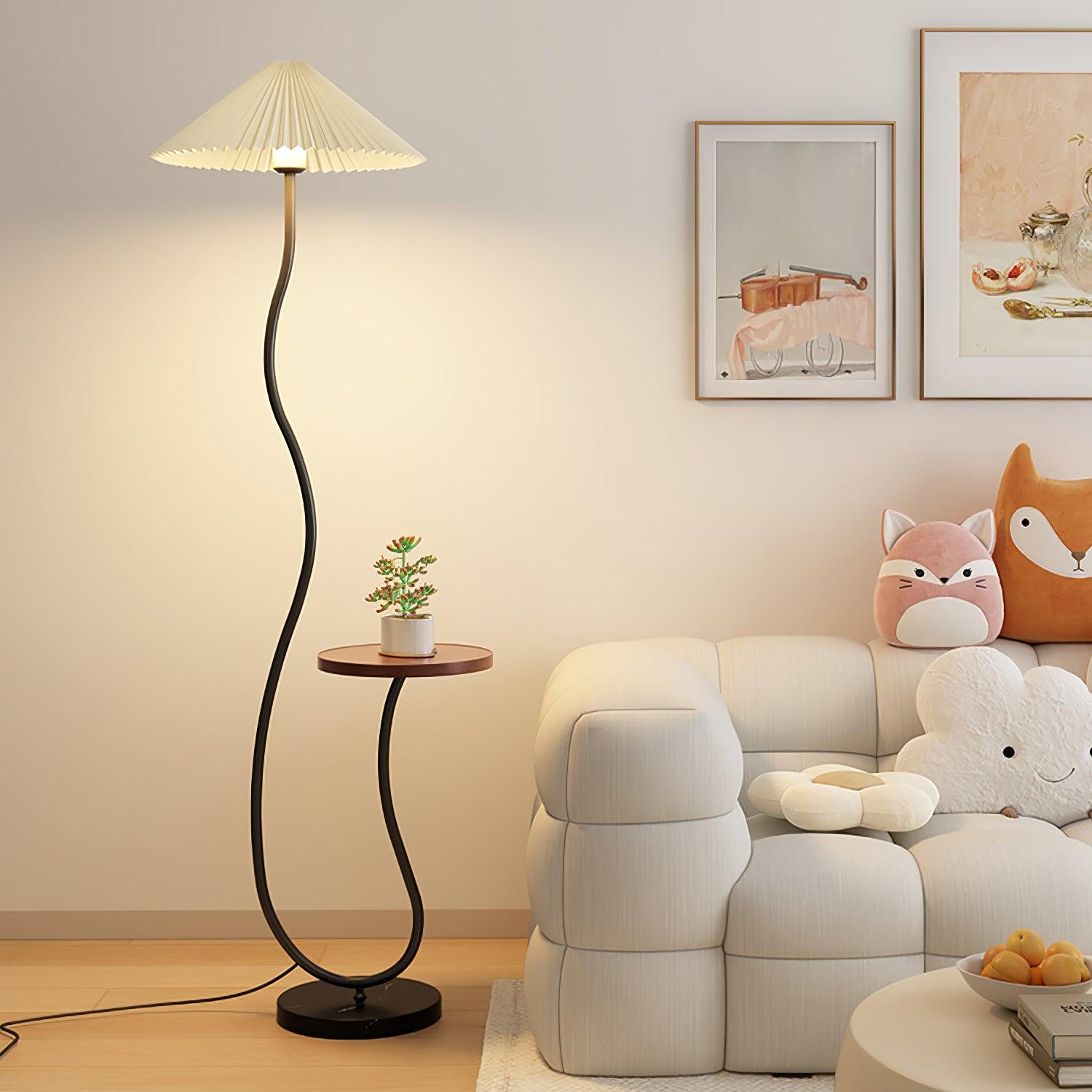 Curvatura Mid Century Modern Floor Lamp with Integrated Wood Side Table and Marble Base