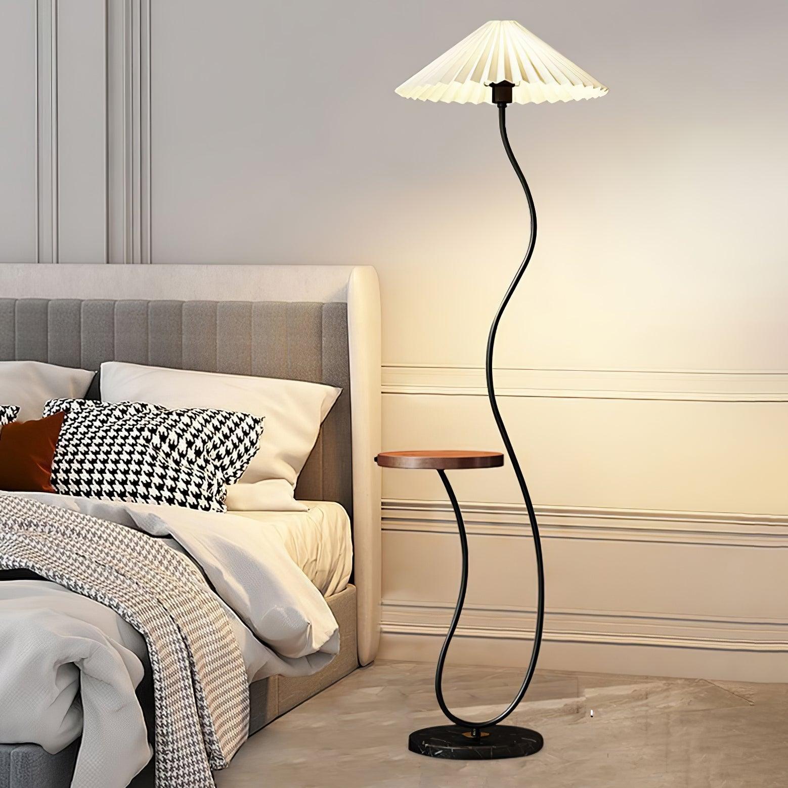 Curvatura Mid Century Modern Floor Lamp with Integrated Wood Side Table and Marble Base