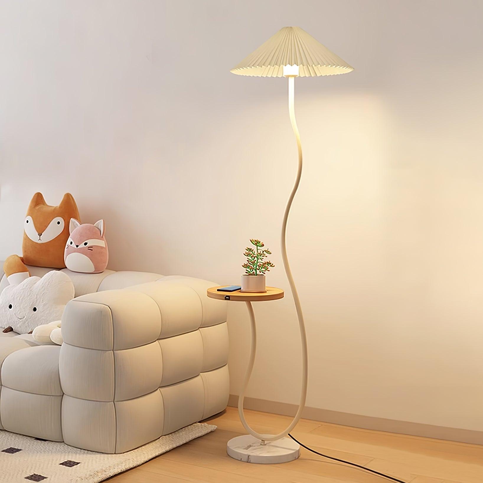 Curvatura Mid Century Modern Floor Lamp with Integrated Wood Side Table and Marble Base