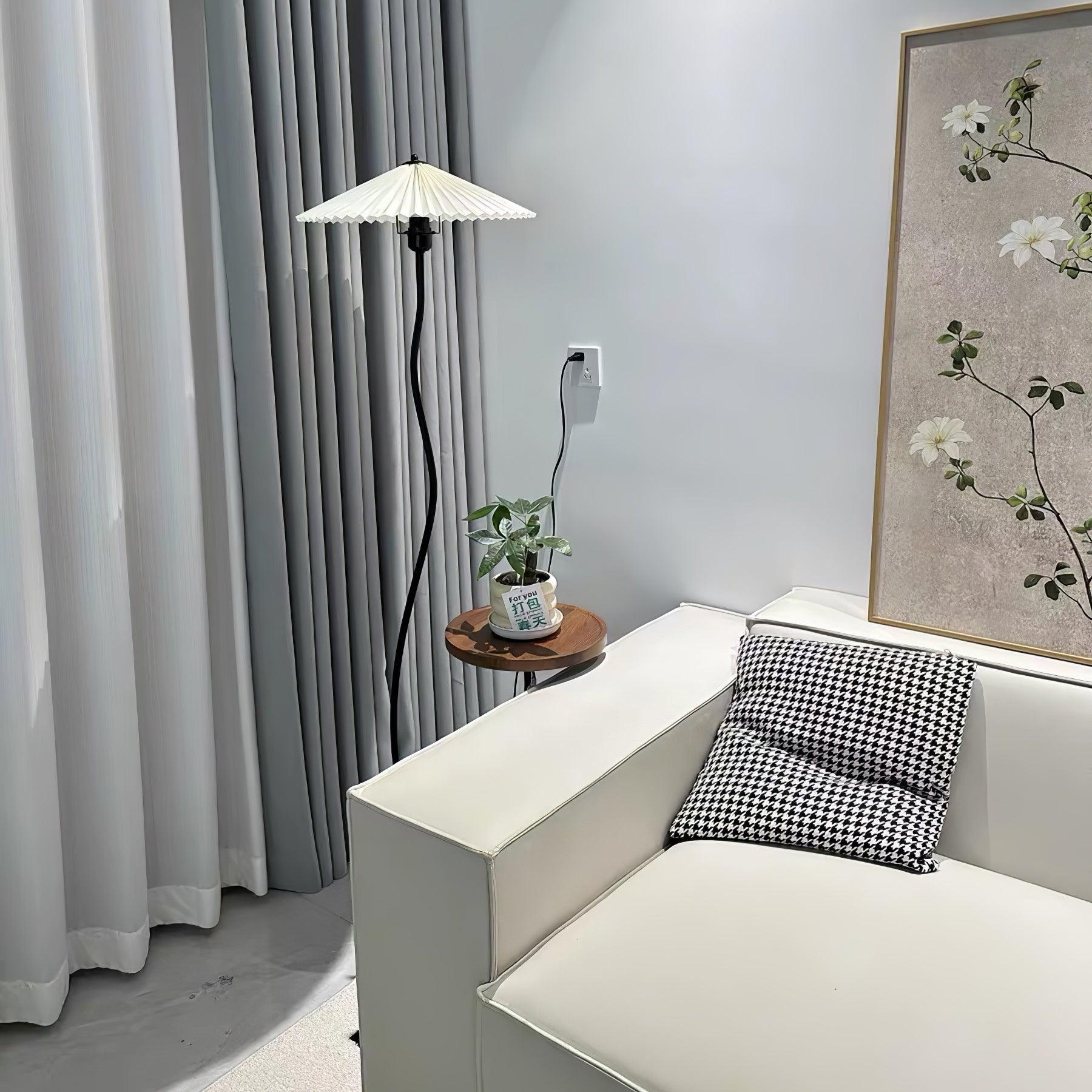 Curvatura Mid Century Modern Floor Lamp with Integrated Wood Side Table and Marble Base