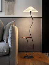 Curvatura Mid Century Modern Floor Lamp with Integrated Wood Side Table and Marble Base