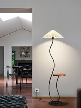 Curvatura Mid Century Modern Floor Lamp with Integrated Wood Side Table and Marble Base