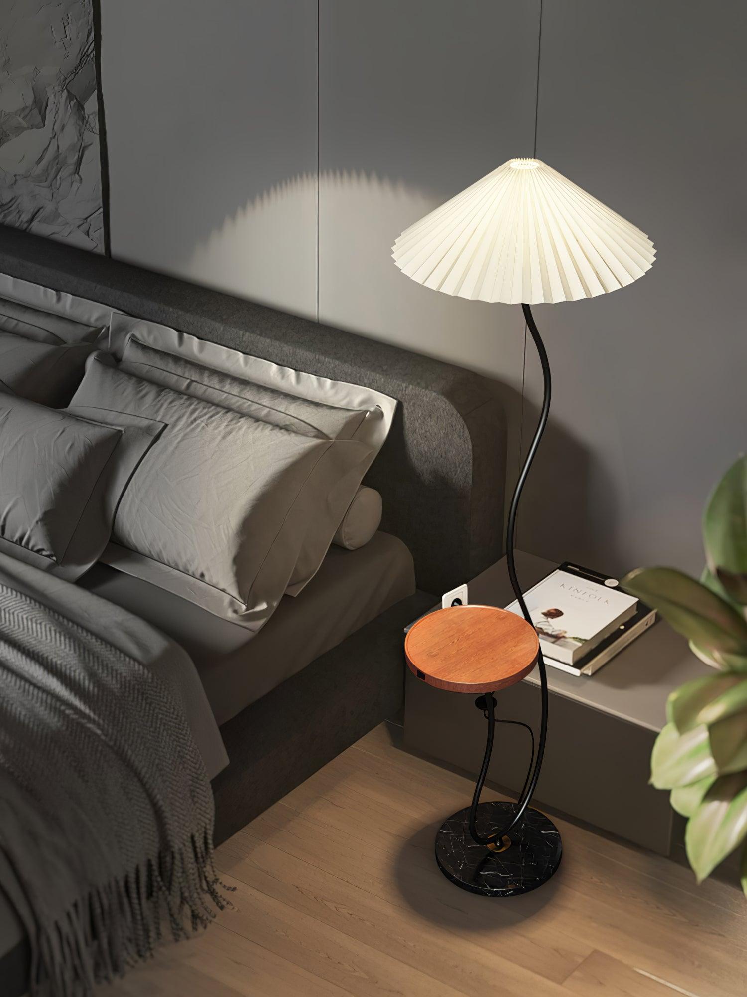 Curvatura Mid Century Modern Floor Lamp with Integrated Wood Side Table and Marble Base