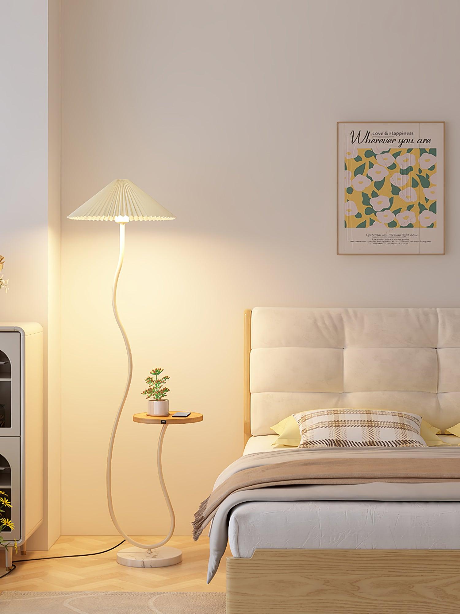 Curvatura Mid Century Modern Floor Lamp with Integrated Wood Side Table and Marble Base