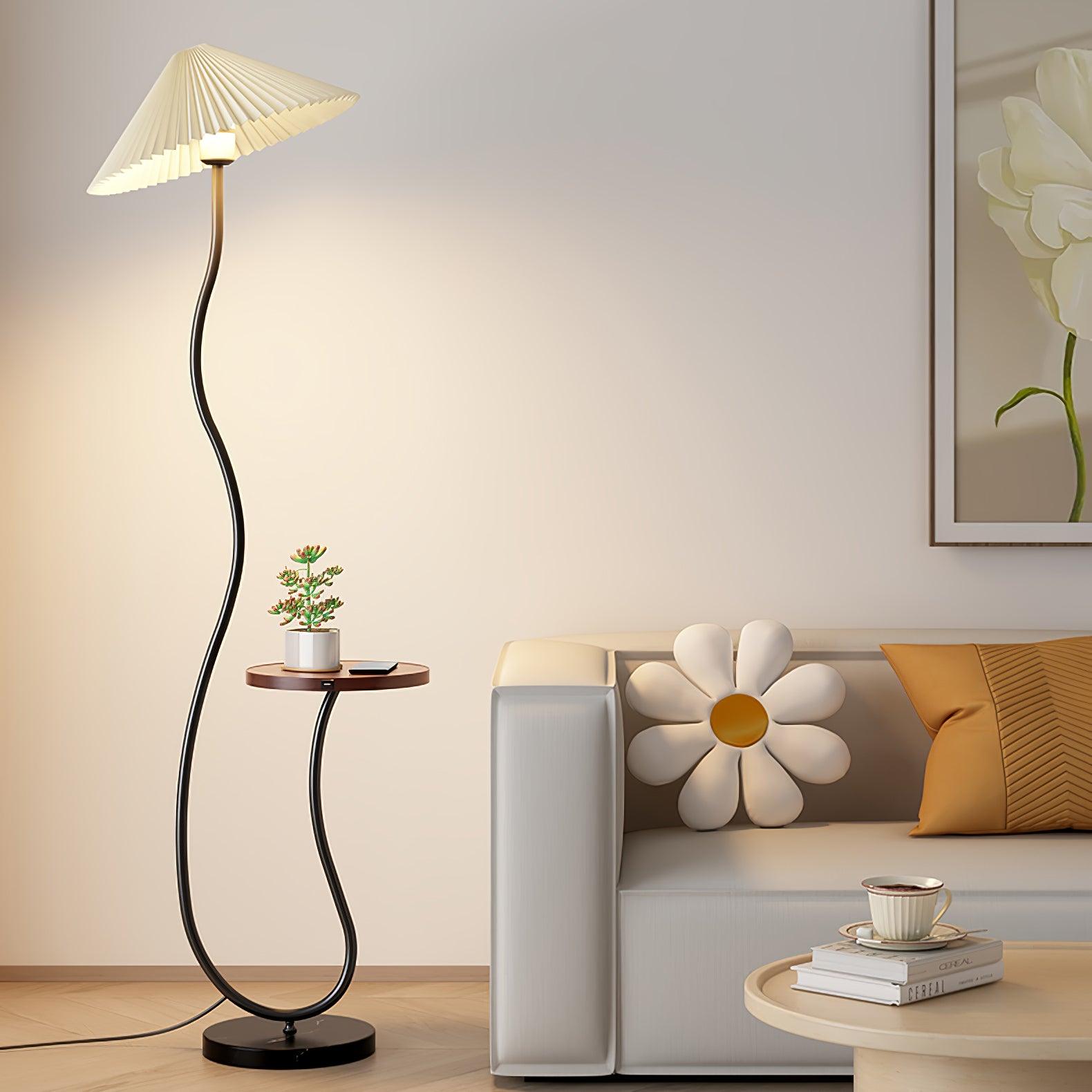 Curvatura Mid Century Modern Floor Lamp with Integrated Wood Side Table and Marble Base