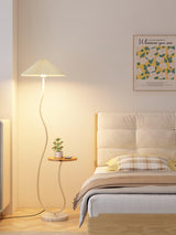 Curvatura Mid Century Modern Floor Lamp with Integrated Wood Side Table and Marble Base