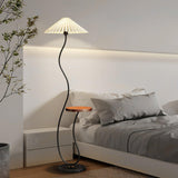 Curvatura Mid Century Modern Floor Lamp with Integrated Wood Side Table and Marble Base
