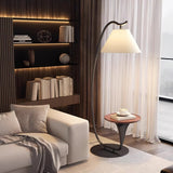 Modern Curved Arc Floor Lamp with Integrated Wood Side Table and Fabric Shade