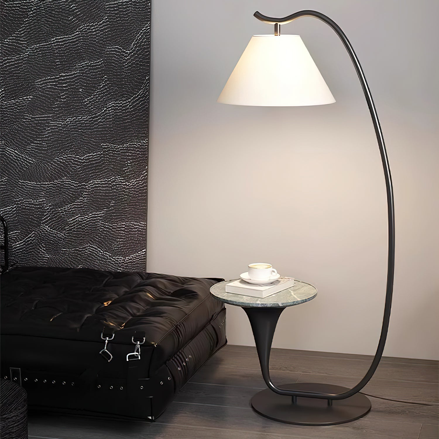 Modern Curved Arc Floor Lamp with Integrated Wood Side Table and Fabric Shade