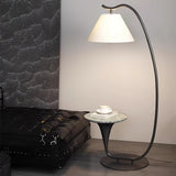 Modern Curved Arc Floor Lamp with Integrated Wood Side Table and Fabric Shade