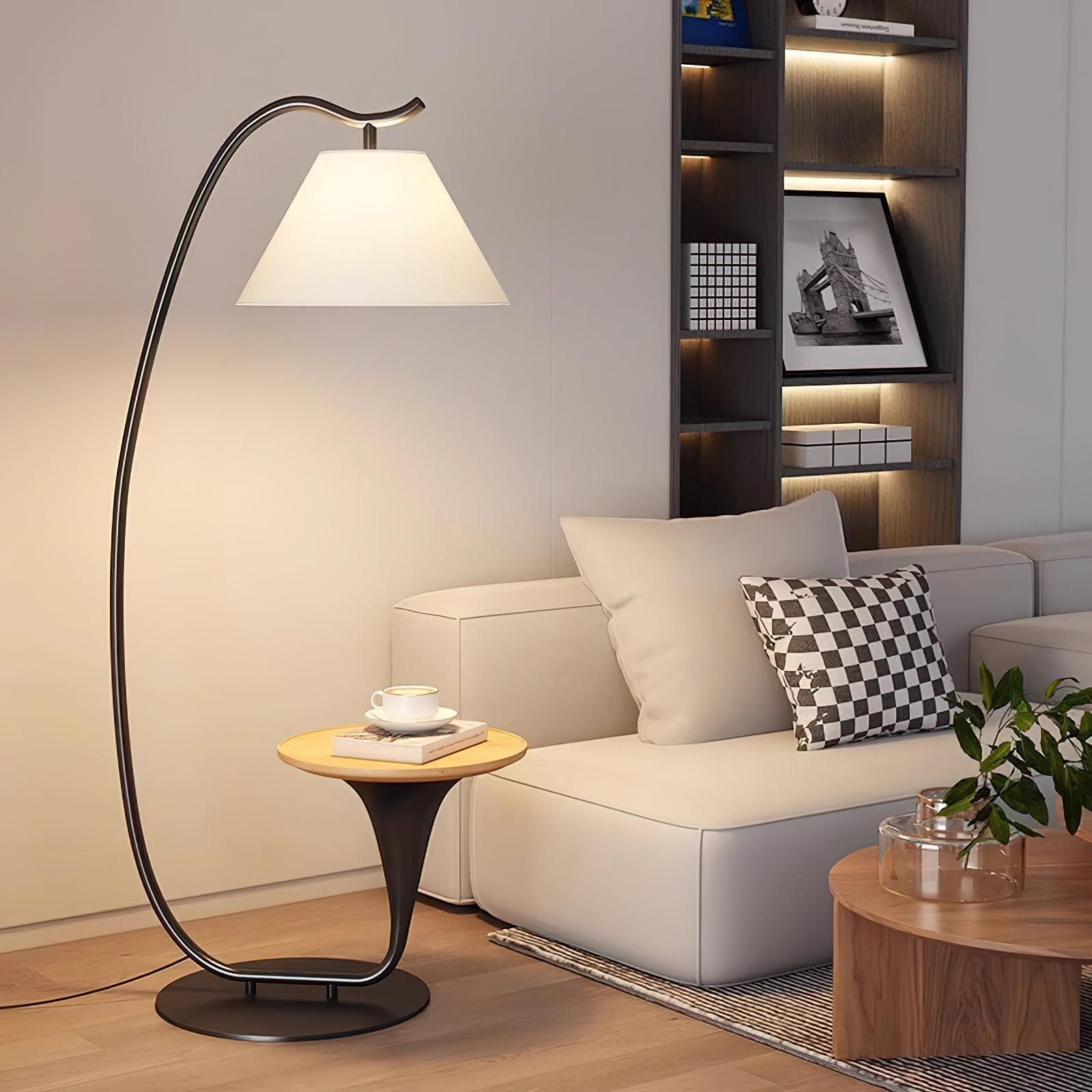 Modern Curved Arc Floor Lamp with Integrated Wood Side Table and Fabric Shade