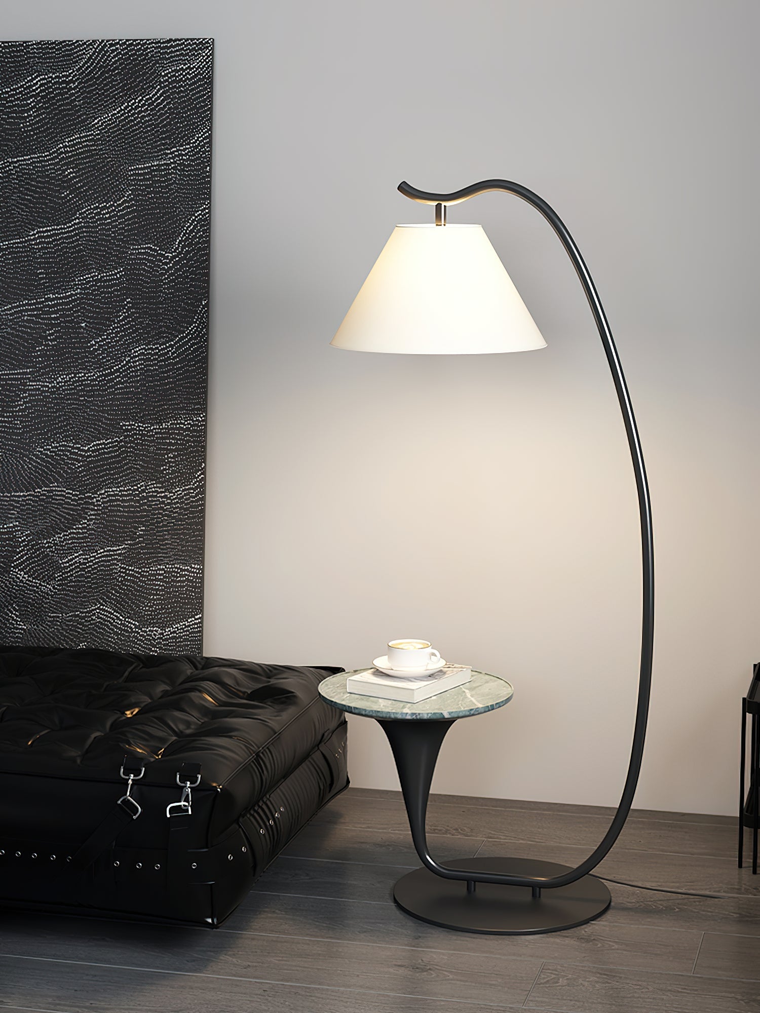 Modern Curved Arc Floor Lamp with Integrated Wood Side Table and Fabric Shade