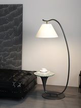 Modern Curved Arc Floor Lamp with Integrated Wood Side Table and Fabric Shade