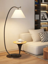 Modern Curved Arc Floor Lamp with Integrated Wood Side Table and Fabric Shade