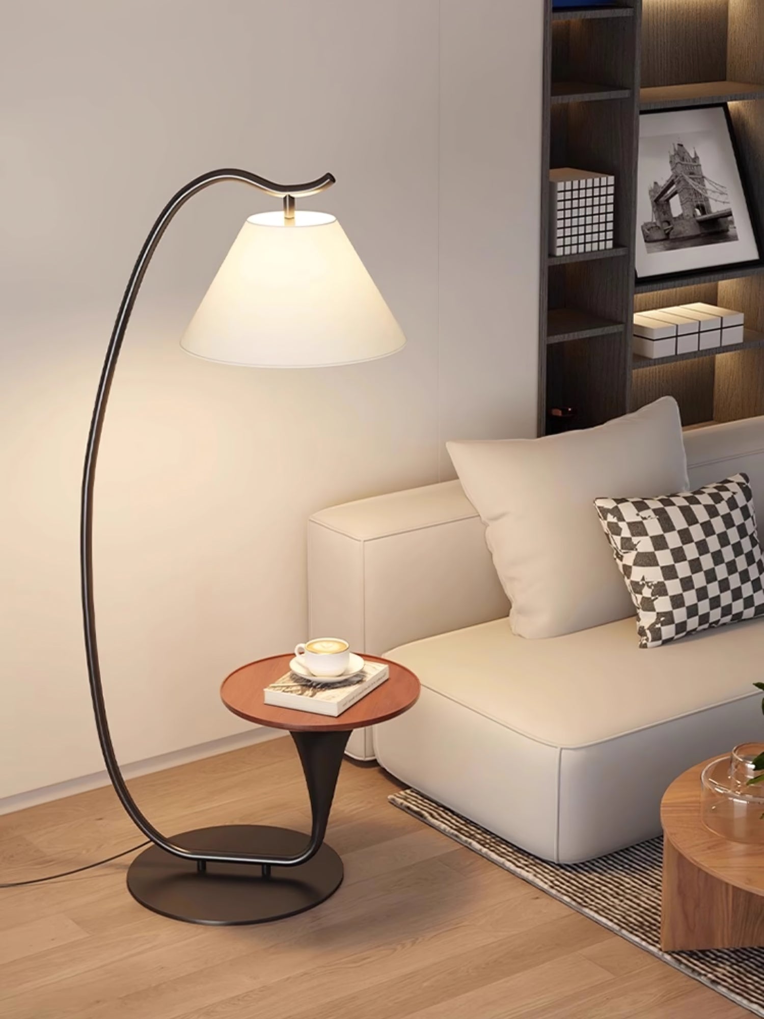 Modern Curved Arc Floor Lamp with Integrated Wood Side Table and Fabric Shade