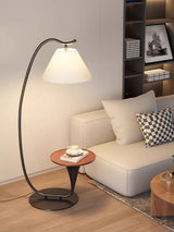Modern Curved Arc Floor Lamp with Integrated Wood Side Table and Fabric Shade