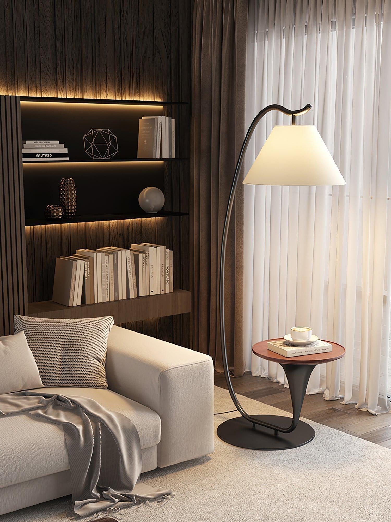 Modern Curved Arc Floor Lamp with Integrated Wood Side Table and Fabric Shade