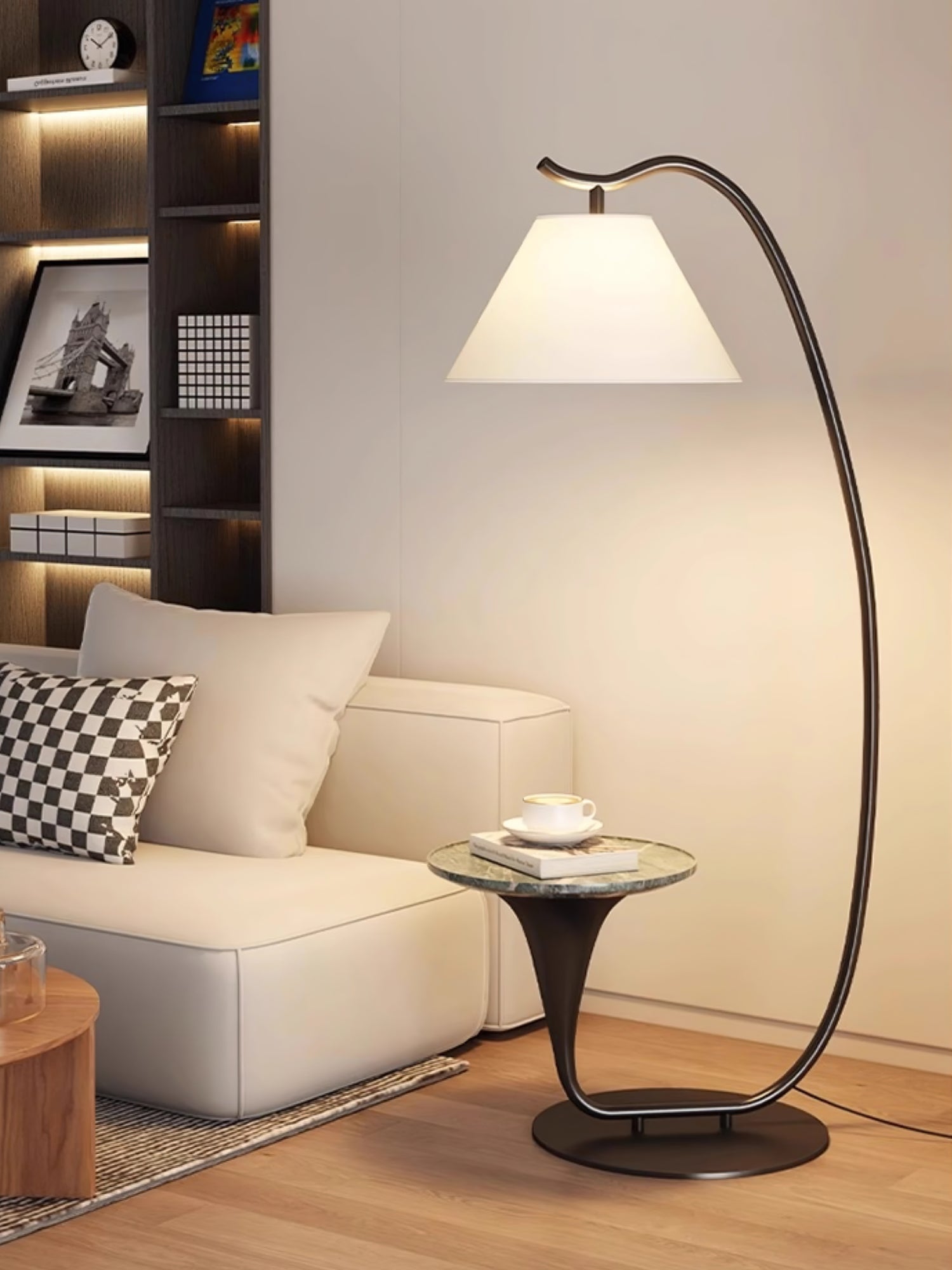 Modern Curved Arc Floor Lamp with Integrated Wood Side Table and Fabric Shade