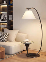 Modern Curved Arc Floor Lamp with Integrated Wood Side Table and Fabric Shade