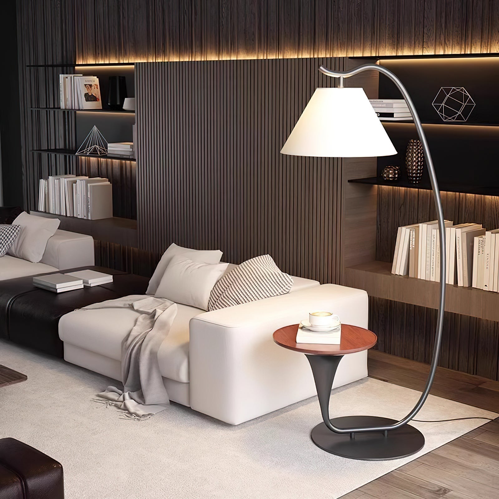 Modern Curved Arc Floor Lamp with Integrated Wood Side Table and Fabric Shade
