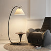 Modern Curved Arc Floor Lamp with Integrated Wood Side Table and Fabric Shade