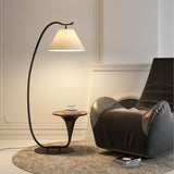 Modern Curved Arc Floor Lamp with Integrated Wood Side Table and Fabric Shade