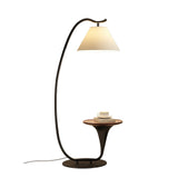 Modern Curved Arc Floor Lamp with Integrated Wood Side Table and Fabric Shade