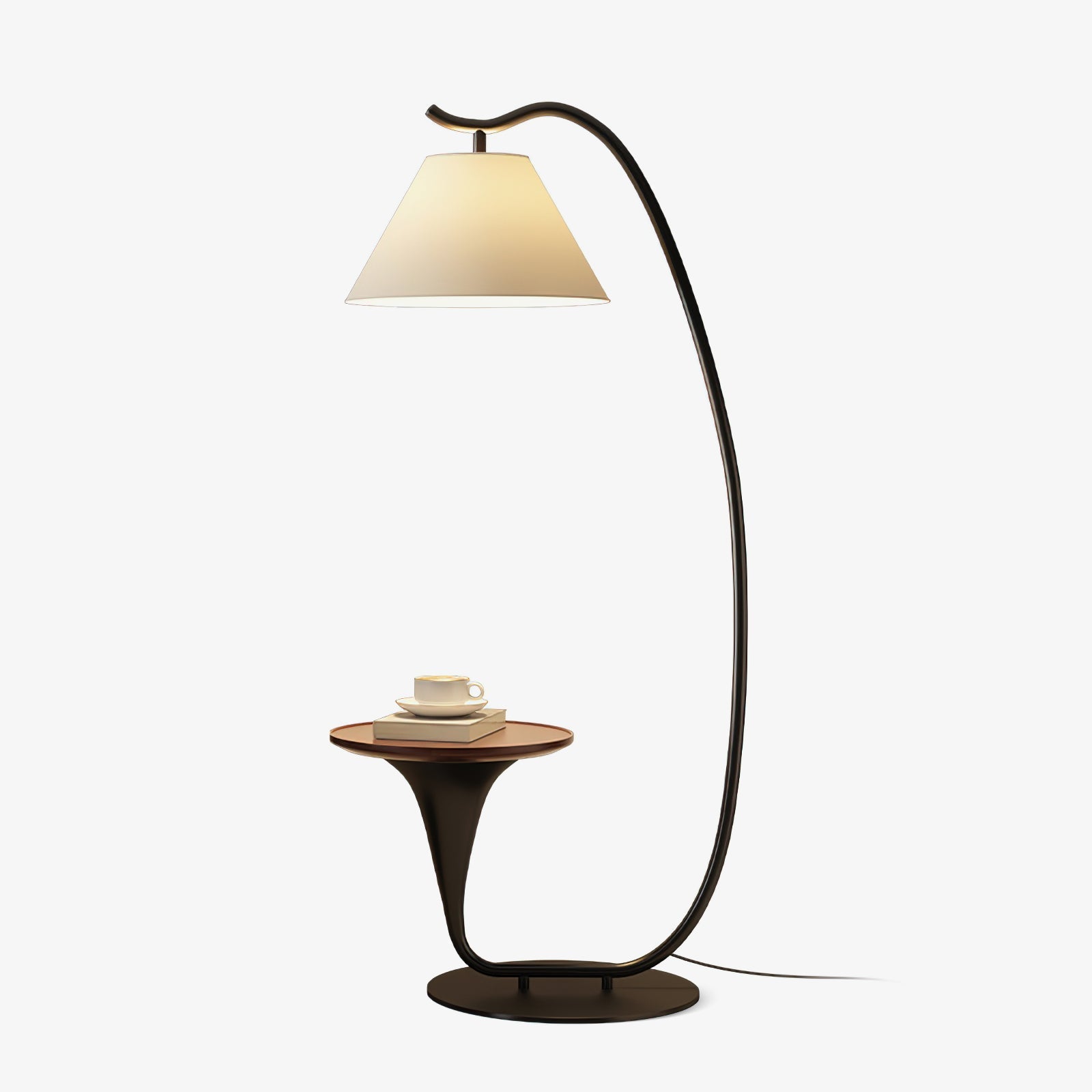 Modern Curved Arc Floor Lamp with Integrated Wood Side Table and Fabric Shade