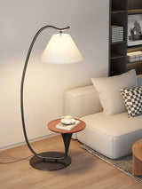 Modern Curved Arc Floor Lamp with Integrated Wood Side Table and Fabric Shade